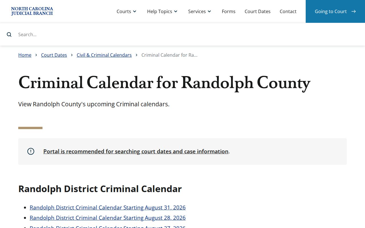Randolph County court schedule criminal calendar route