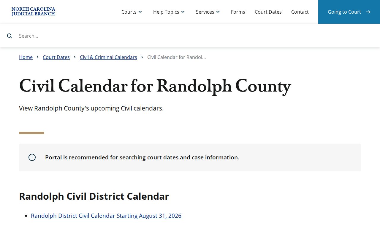Randolph County court schedule civil calendar route